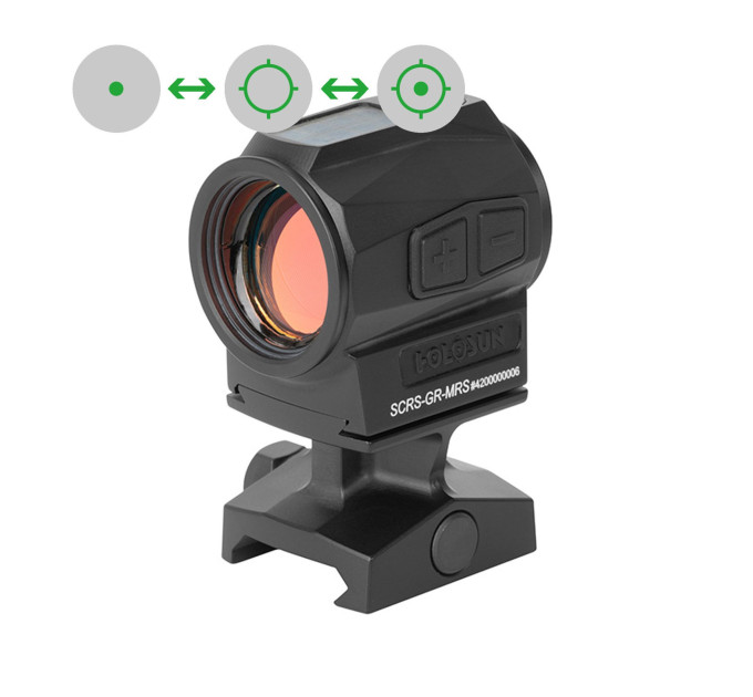 Holosun SCRS-GR-MRS green dot sight, switchable 2MOA dot, 65MOA circle dot reticle, solar cell, black