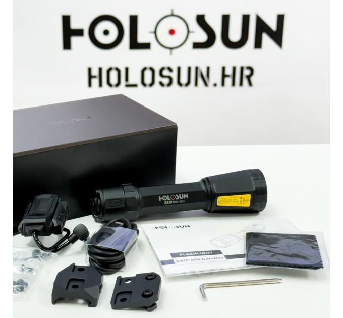 Holosun RAID white LED flashlight - high-performance weapon light for your long gun, black anodized housing, CR123A Lithium Battery, 3V 1400mAh, 1000 lumens and 80000 candela